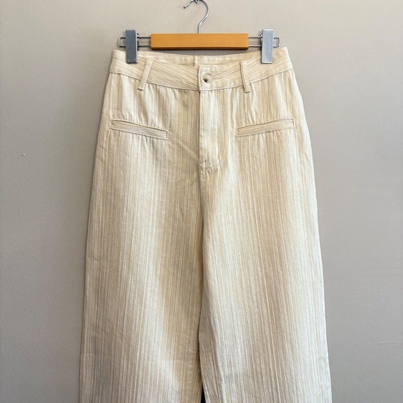 Cream & White Stripe Textured Wide Leg Denim Tailored Trousers - Picture 2 of 14